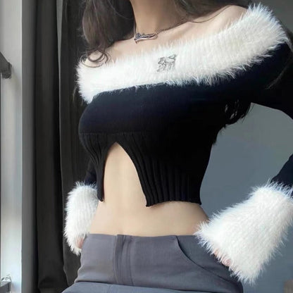 Free Shipping For 'Frosting' Black & White Fluffy Crop Top