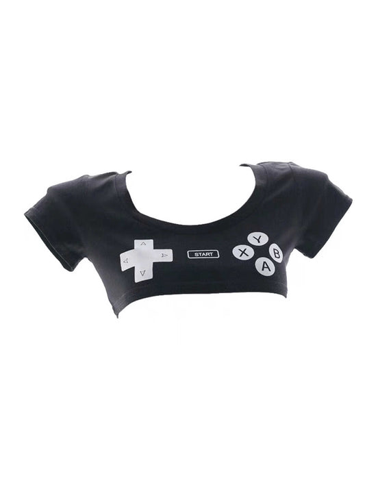 Free Shipping For 'Gamer Gf' Black Gamer Handheld Pattern Crop Shirts