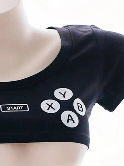 Free Shipping For 'Gamer Gf' Black Gamer Handheld Pattern Crop Shirts