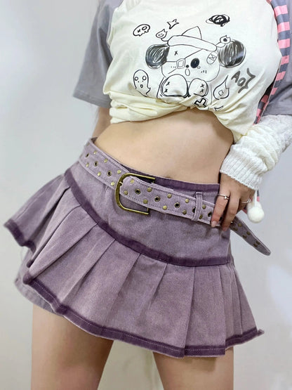 Free Shipping For 'Grape Soda' Low Waist Denim Beads Lace-Up Skorts