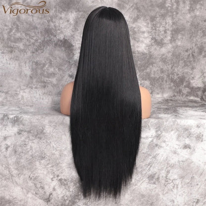 Free Shipping ForVigorous 32 Inch Long Straight Black Wig Lace Heat Resistant Synthetic Wig With Bangs Natural Hair Wig for Black Women