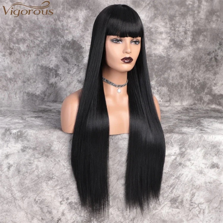 Free Shipping ForVigorous 32 Inch Long Straight Black Wig Lace Heat Resistant Synthetic Wig With Bangs Natural Hair Wig for Black Women