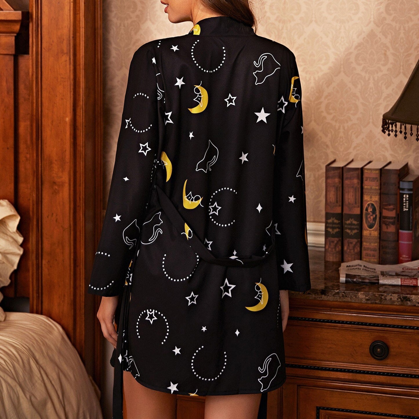 Free Shipping For Women Ladies Pajamas Sexy Moon Print Bathrobes Satin Lace Bridesmaid Robe Long Nightgown Sleepwear Lingerie Night Dress Gowns