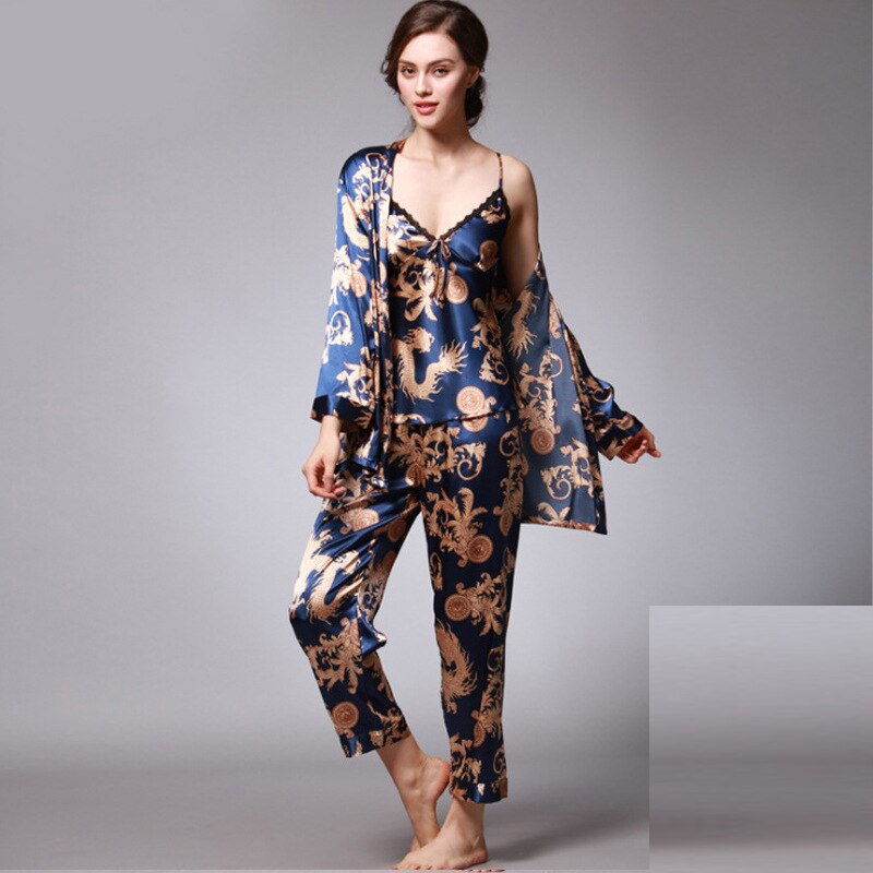 Women Silk Sexy Summer Lingerie Pijiama Satin Dragon Long Sleeve Pajamas Gown Korean Three Piece Pajama Sets Navy Sleepwear