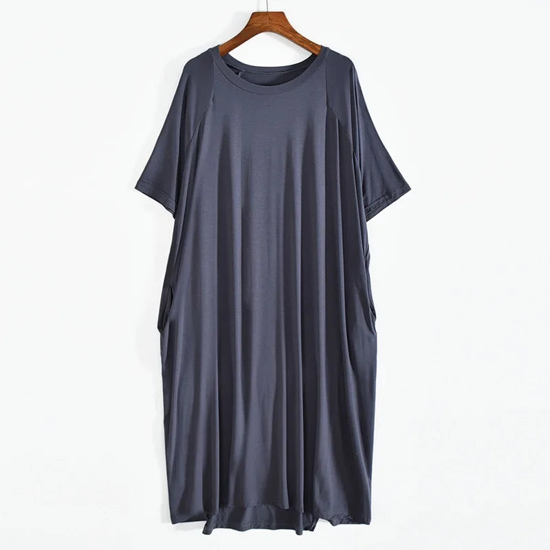 Free shipping for Plus Size 8XL 150kg Women Summer Modal Long Dress O Neck Short Sleeve Soft Comfortable Dresses Ladies Casual Large Home Dress