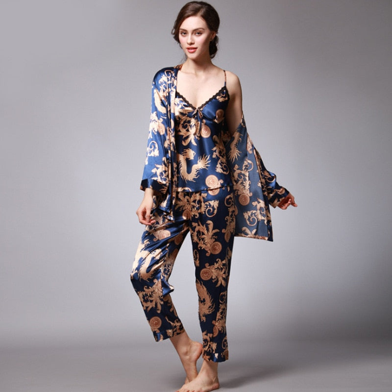 Women Silk Sexy Summer Lingerie Pijiama Satin Dragon Long Sleeve Pajamas Gown Korean Three Piece Pajama Sets Navy Sleepwear