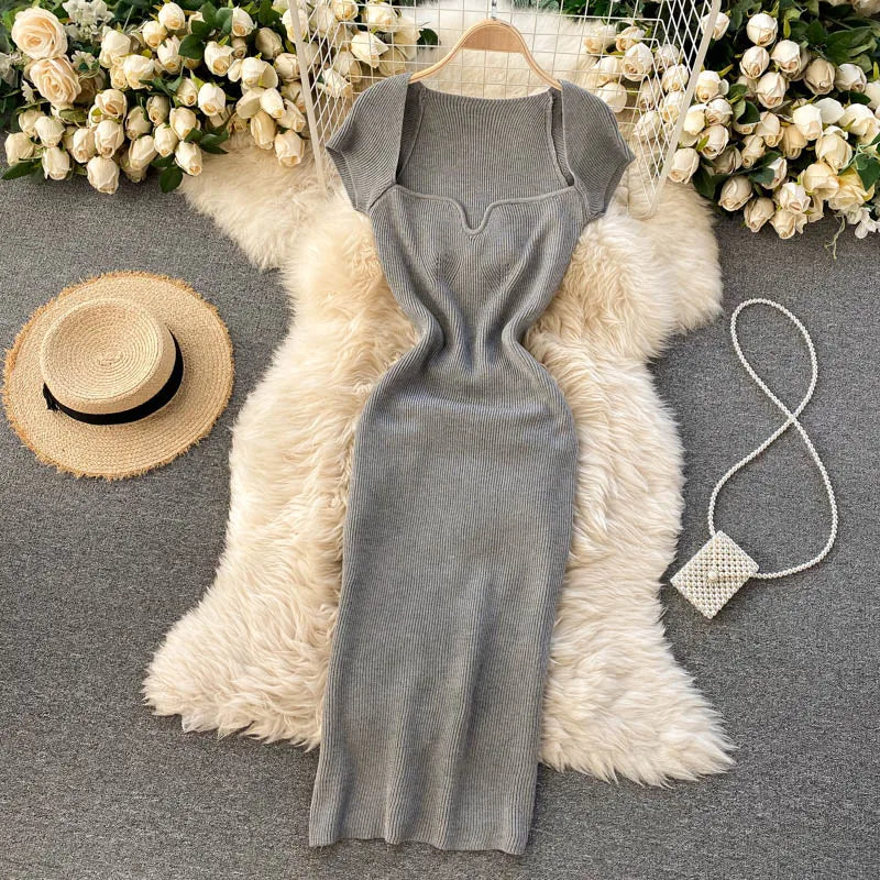 Free shipping for Spring Summer Short Cap Sleeve Knitted Sexy Bodycon Dress Back Slit Square Neck Casual Vintage Elegant Midi Dress Women