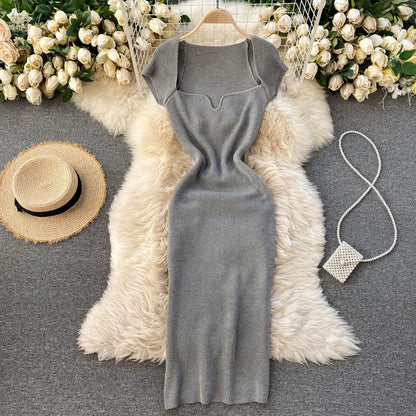 Free shipping for Spring Summer Short Cap Sleeve Knitted Sexy Bodycon Dress Back Slit Square Neck Casual Vintage Elegant Midi Dress Women