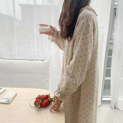 Free shipping for Ruffles Sleep Dress Women Long Sleeve Kawaii Cherry Print Korean Sleepwear Homewear Long Dress Autumn Elegant Casual Loose