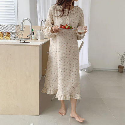 Free shipping for Ruffles Sleep Dress Women Long Sleeve Kawaii Cherry Print Korean Sleepwear Homewear Long Dress Autumn Elegant Casual Loose