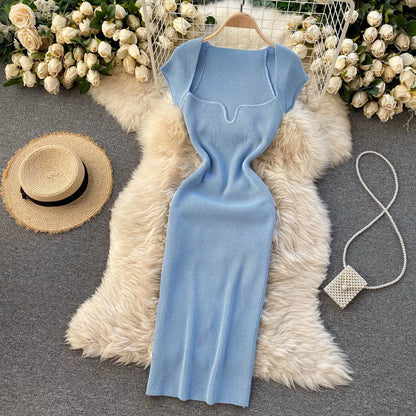 Free shipping for Spring Summer Short Cap Sleeve Knitted Sexy Bodycon Dress Back Slit Square Neck Casual Vintage Elegant Midi Dress Women