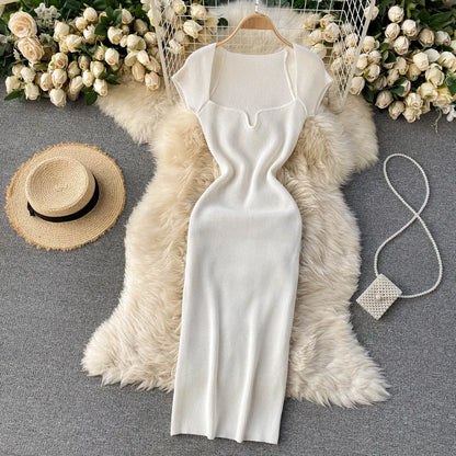 Free shipping for Spring Summer Short Cap Sleeve Knitted Sexy Bodycon Dress Back Slit Square Neck Casual Vintage Elegant Midi Dress Women