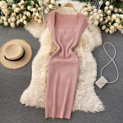 Free shipping for Spring Summer Short Cap Sleeve Knitted Sexy Bodycon Dress Back Slit Square Neck Casual Vintage Elegant Midi Dress Women