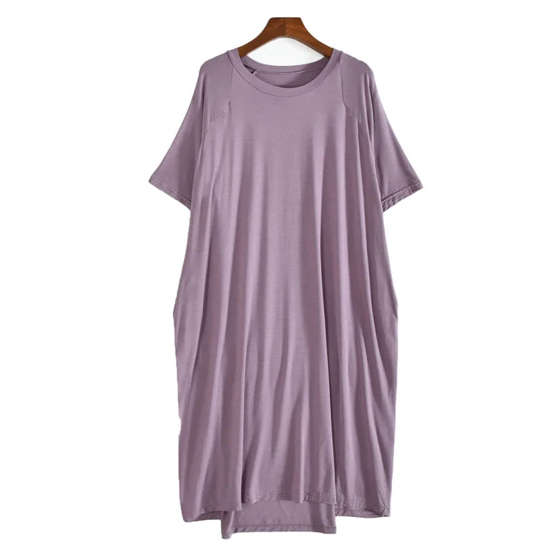 Free shipping for Plus Size 8XL 150kg Women Summer Modal Long Dress O Neck Short Sleeve Soft Comfortable Dresses Ladies Casual Large Home Dress