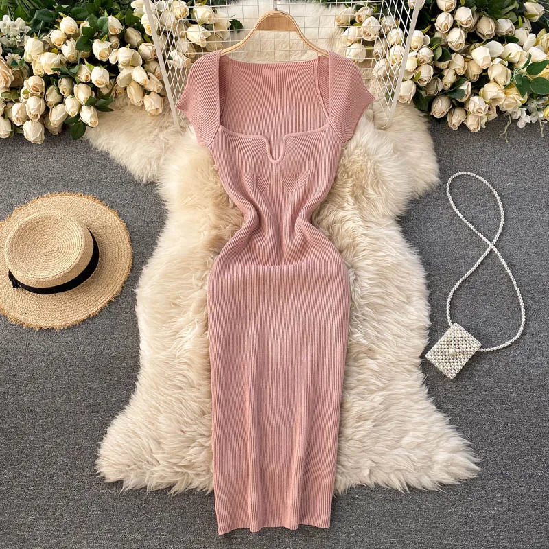 Free shipping for Spring Summer Short Cap Sleeve Knitted Sexy Bodycon Dress Back Slit Square Neck Casual Vintage Elegant Midi Dress Women