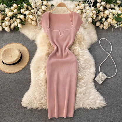 Free shipping for Spring Summer Short Cap Sleeve Knitted Sexy Bodycon Dress Back Slit Square Neck Casual Vintage Elegant Midi Dress Women