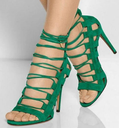 Clearance Sexy Lace Up Cut Out PU High Heel Sandals