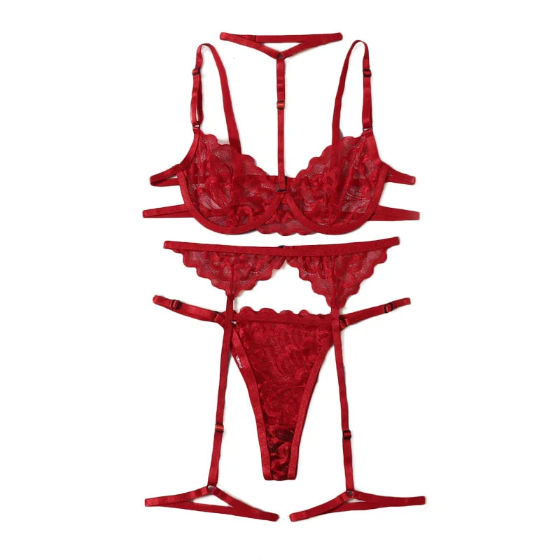 Free Shipping For Red Floral Lace Garter Lingerie Set - Underwire Bra, Thongs, and Choker (S-XL)