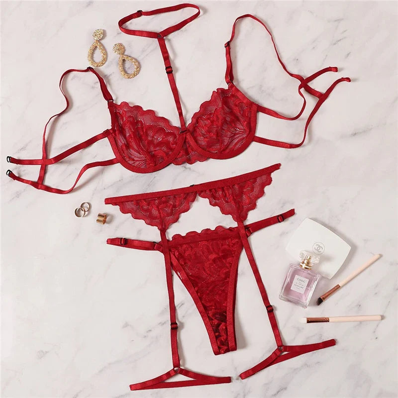 Free Shipping For Red Floral Lace Garter Lingerie Set - Underwire Bra, Thongs, and Choker (S-XL)