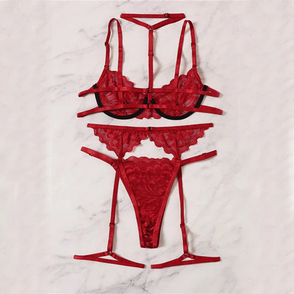 Free Shipping For Red Floral Lace Garter Lingerie Set - Underwire Bra, Thongs, and Choker (S-XL)