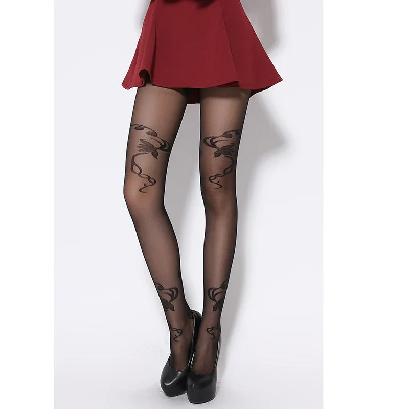 Free Shipping For Ultra-Sheer Black Jacquard Silk Pantyhose - Fashionably Patterned Tights