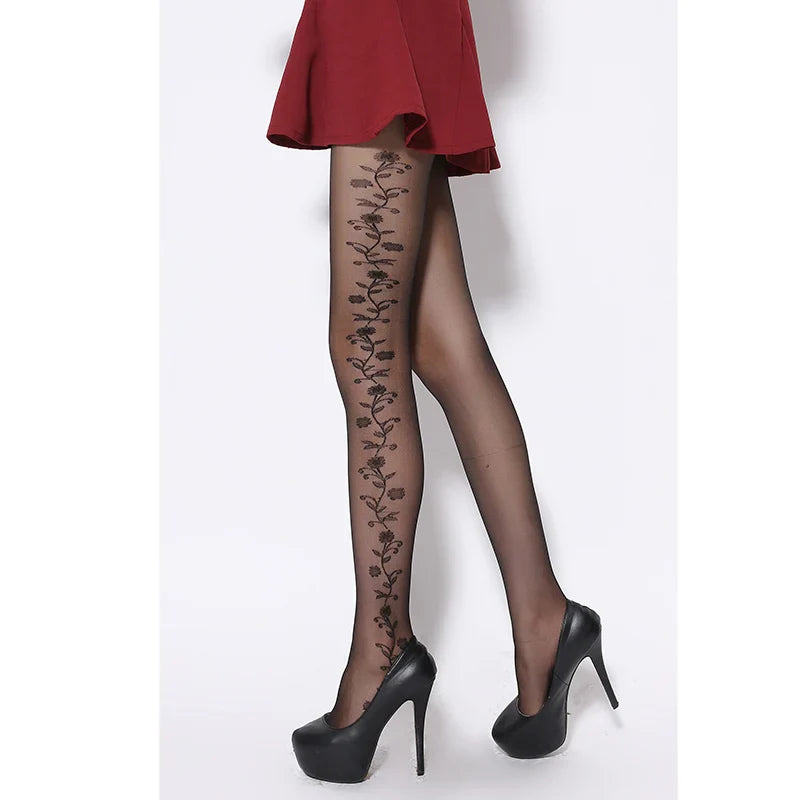 Ultra-Sheer Black Jacquard Silk Pantyhose - Fashionably Patterned Tights