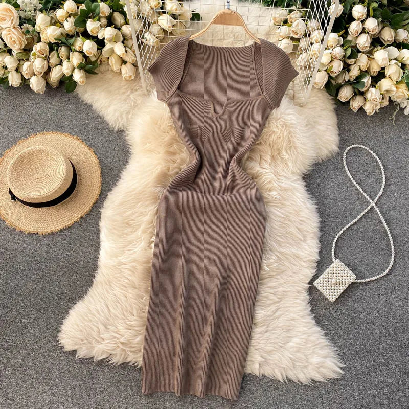 Free shipping for Spring Summer Short Cap Sleeve Knitted Sexy Bodycon Dress Back Slit Square Neck Casual Vintage Elegant Midi Dress Women