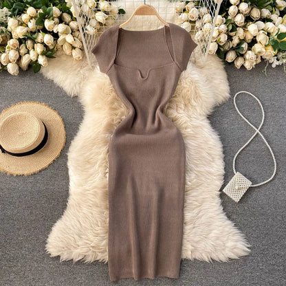 Free shipping for Spring Summer Short Cap Sleeve Knitted Sexy Bodycon Dress Back Slit Square Neck Casual Vintage Elegant Midi Dress Women