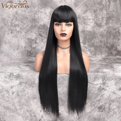 Free Shipping ForVigorous 32 Inch Long Straight Black Wig Lace Heat Resistant Synthetic Wig With Bangs Natural Hair Wig for Black Women