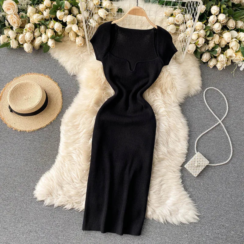 Free shipping for Spring Summer Short Cap Sleeve Knitted Sexy Bodycon Dress Back Slit Square Neck Casual Vintage Elegant Midi Dress Women