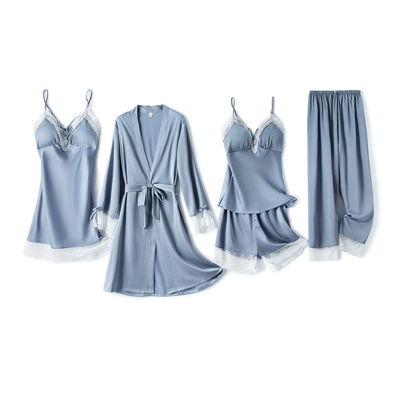 2024 New Gray 5PC Faux Silk Pajama Sets Lady Bathrobe Bow Lace Trim Sweet Night Dress Spring Autumn Sleepwear Sexy V-Neck Pyjama