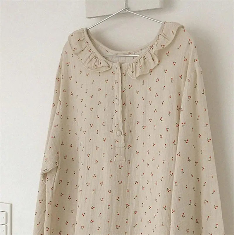 Free shipping for Ruffles Sleep Dress Women Long Sleeve Kawaii Cherry Print Korean Sleepwear Homewear Long Dress Autumn Elegant Casual Loose