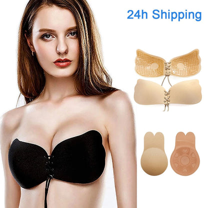 Women Self Adhesive Strapless Bandage Blackless Solid Bra Sticky Gel Silicone Push Up Women&#39;s Underwear Invisible Bra DropShip