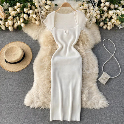 Free shipping for Spring Summer Short Cap Sleeve Knitted Sexy Bodycon Dress Back Slit Square Neck Casual Vintage Elegant Midi Dress Women