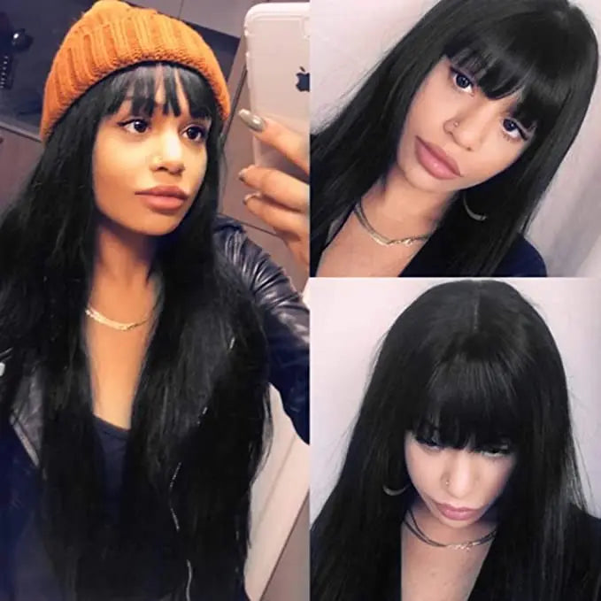 Free Shipping ForVigorous 32 Inch Long Straight Black Wig Lace Heat Resistant Synthetic Wig With Bangs Natural Hair Wig for Black Women