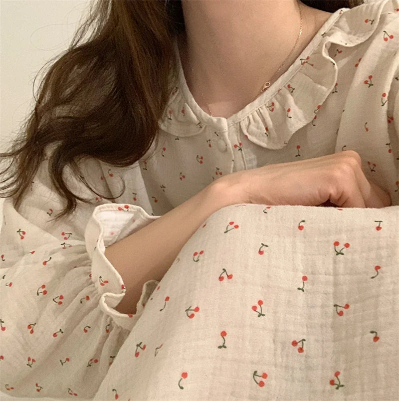 Free shipping for Ruffles Sleep Dress Women Long Sleeve Kawaii Cherry Print Korean Sleepwear Homewear Long Dress Autumn Elegant Casual Loose