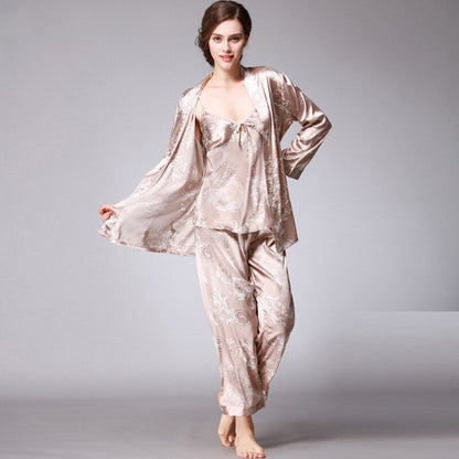 Women Silk Sexy Summer Lingerie Pijiama Satin Dragon Long Sleeve Pajamas Gown Korean Three Piece Pajama Sets Navy Sleepwear