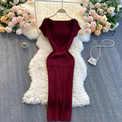 Free shipping for Spring Summer Short Cap Sleeve Knitted Sexy Bodycon Dress Back Slit Square Neck Casual Vintage Elegant Midi Dress Women