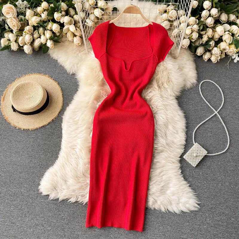 Free shipping for Spring Summer Short Cap Sleeve Knitted Sexy Bodycon Dress Back Slit Square Neck Casual Vintage Elegant Midi Dress Women