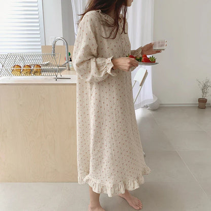 Free shipping for Ruffles Sleep Dress Women Long Sleeve Kawaii Cherry Print Korean Sleepwear Homewear Long Dress Autumn Elegant Casual Loose