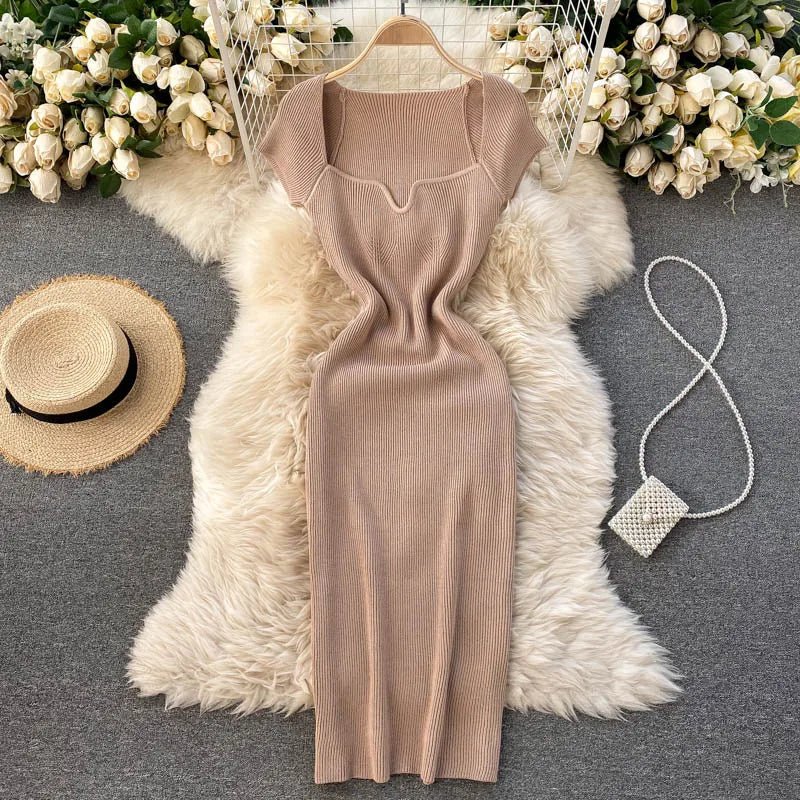 Free shipping for Spring Summer Short Cap Sleeve Knitted Sexy Bodycon Dress Back Slit Square Neck Casual Vintage Elegant Midi Dress Women