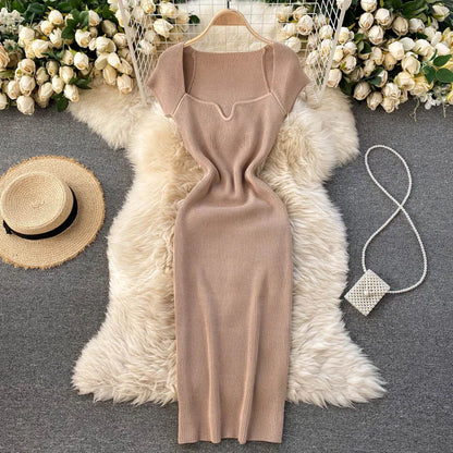 Free shipping for Spring Summer Short Cap Sleeve Knitted Sexy Bodycon Dress Back Slit Square Neck Casual Vintage Elegant Midi Dress Women