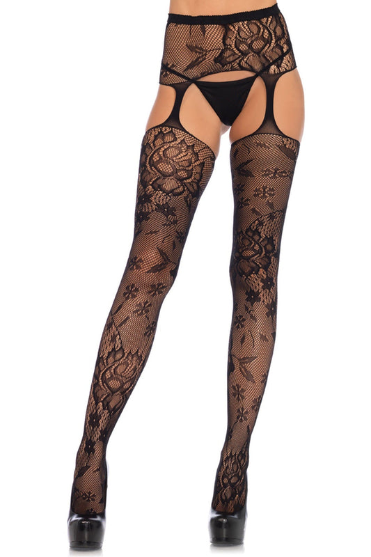 Free Shipping For High Waist Floral Lace Stockings With Attached Garterbelt