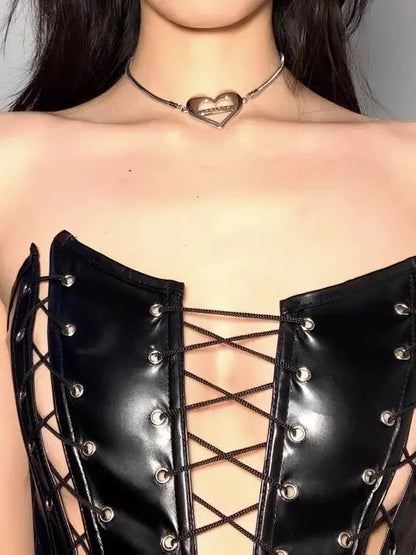 Free Shipping For 'Hot Mess' Punk Pu Leather Lace Up Tube Top