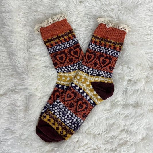 NORDIC heart patterned lace topped socks - terracotta