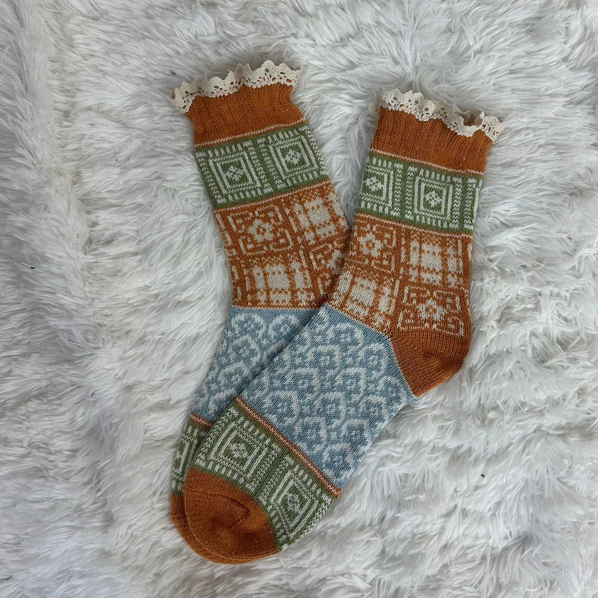 SKI sweater knit lace topped socks - terracotta