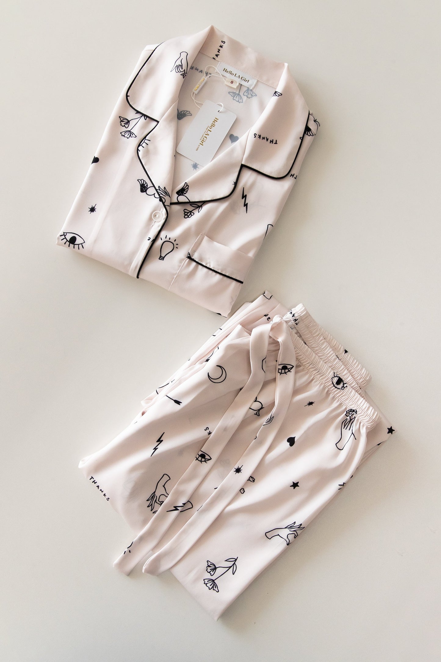 Free Shipping For White Cartoon Print Silky Satin Pajamas Set