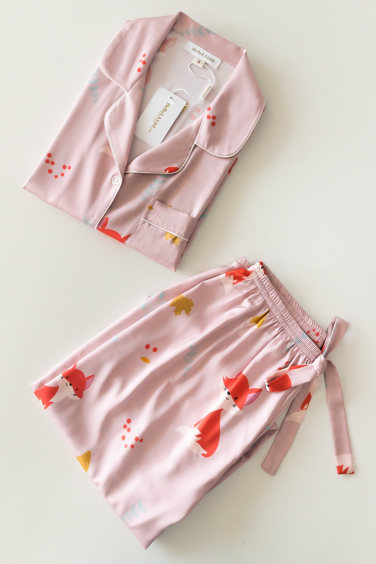 Free Shipping For Pink Fox Print Silky Satin Pajamas Set