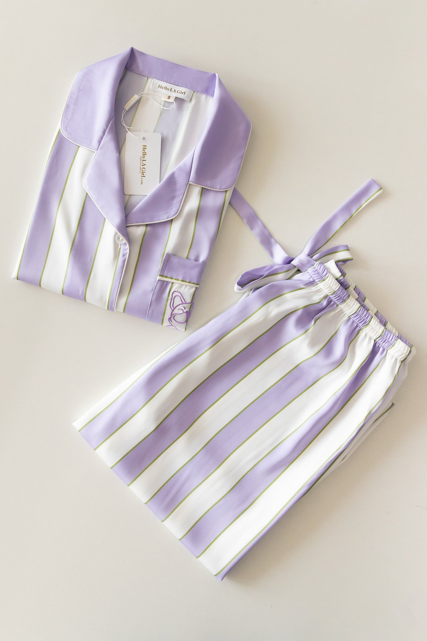 Free Shipping For Purple & White Stripes Silky Satin Pajamas Set