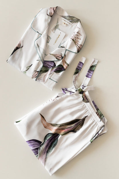 Free Shipping For Purple Flower Print Silky Satin Pajamas Set